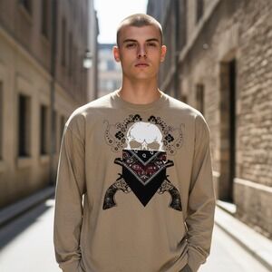 Vintage Delf Long Sleeve Graphic T Shirt Skull Guns Bandana Khaki 3XL/4XL Cotton